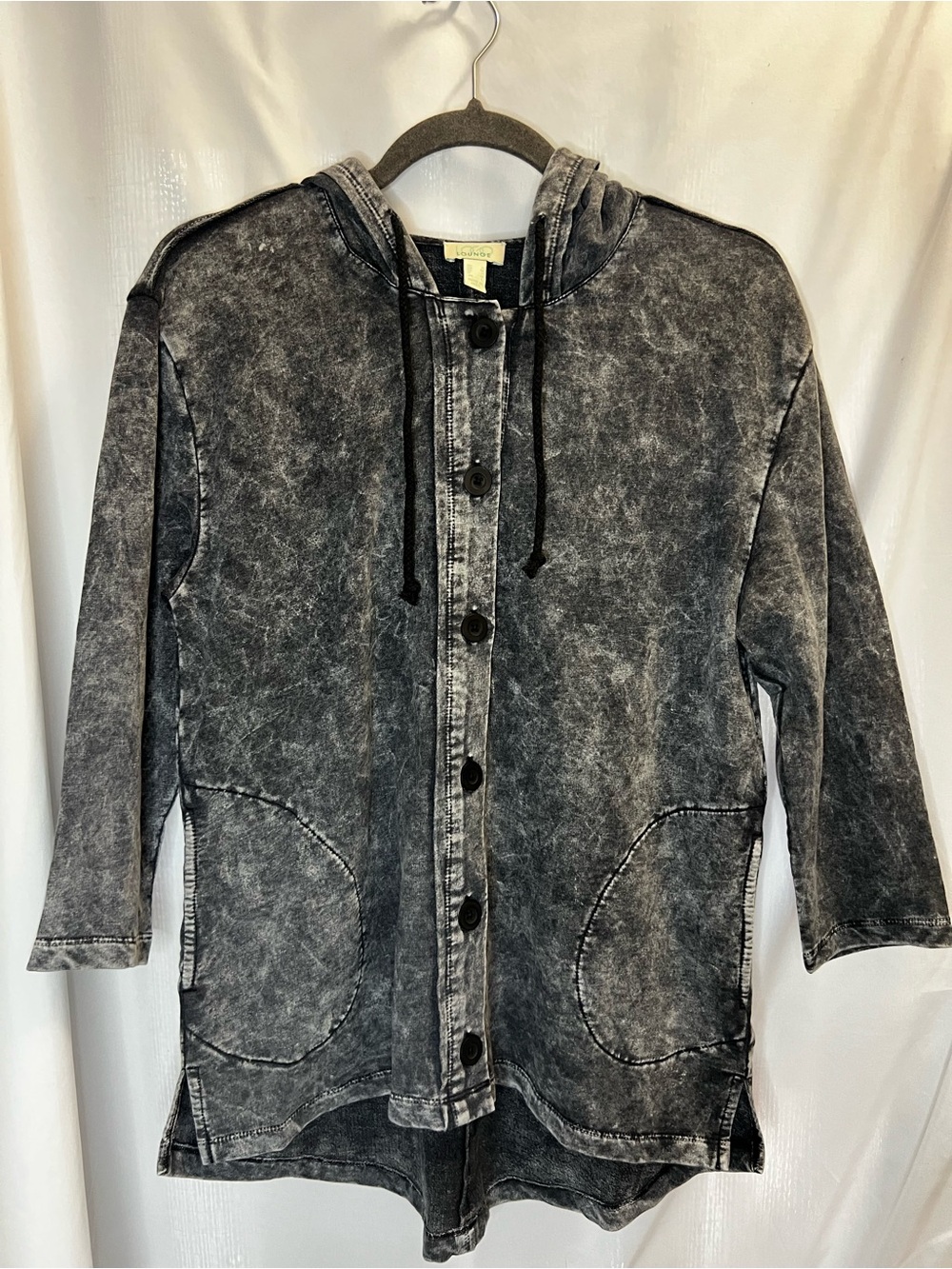 Logo Lounge Acid Washed Black Hooded Button-Front Jacket 3/4 Sleeves